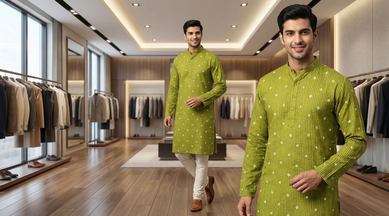 Kala Sanskruti All Over Mahendi Color Cotton Bandhani Jents Kurta (XL) Elegant Traditional Cotton Satin Kurta For Jents