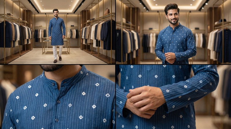 Kala Sanskruti All Over Blue Color Cotton Bandhani Jents Kurta (2XL) Elegant Traditional Cotton Satin Kurta For Jents
