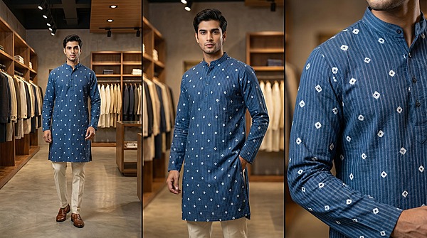 Kala Sanskruti All Over Blue Color Cotton Bandhani Jents Kurta (2XL) Elegant Traditional Cotton Satin Kurta For Jents