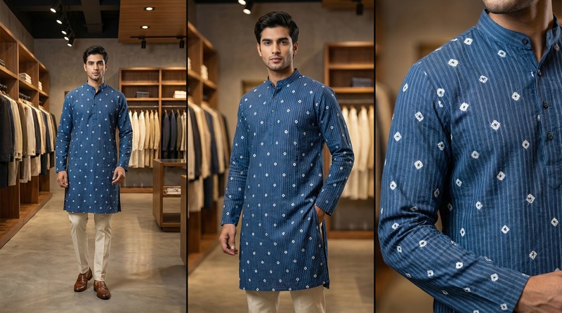 Kala Sanskruti All Over Blue Color Cotton Bandhani Jents Kurta (2XL) Elegant Traditional Cotton Satin Kurta For Jents