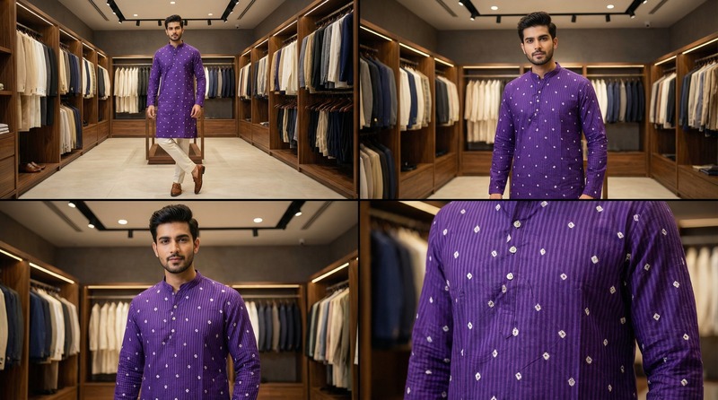 Kala Sanskruti All Over Purple Color Cotton Bandhani Jents Kurta (2XL) Elegant Traditional Cotton Satin Kurta For Jents
