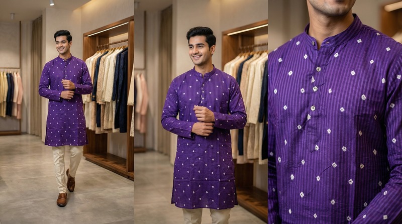 Kala Sanskruti All Over Purple Color Cotton Bandhani Jents Kurta (XL) Elegant Traditional Cotton Satin Kurta For Jents