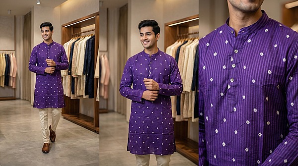 Kala Sanskruti All Over Purple Color Cotton Bandhani Jents Kurta (2XL) Elegant Traditional Cotton Satin Kurta For Jents