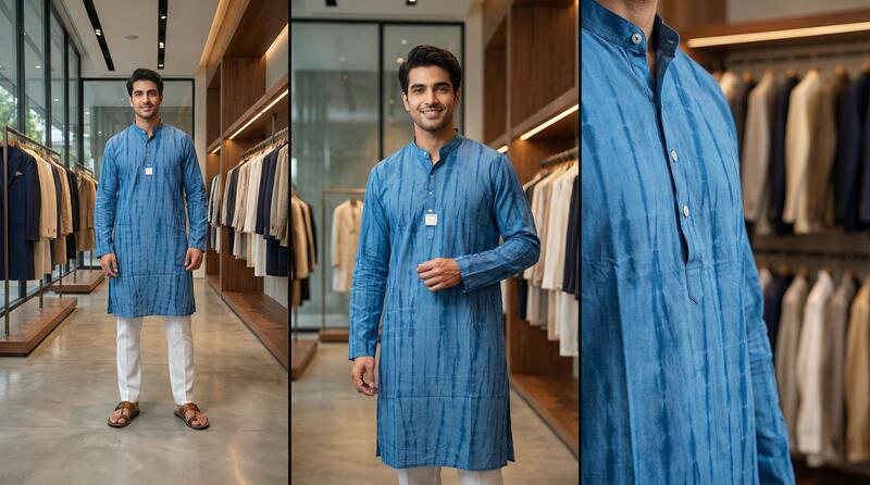 Kala Sanskruti Light Dark Blue Color Cotton Bandhani Jents Kurta (2XL) Elegant Traditional Cotton Satin Kurta For Jents