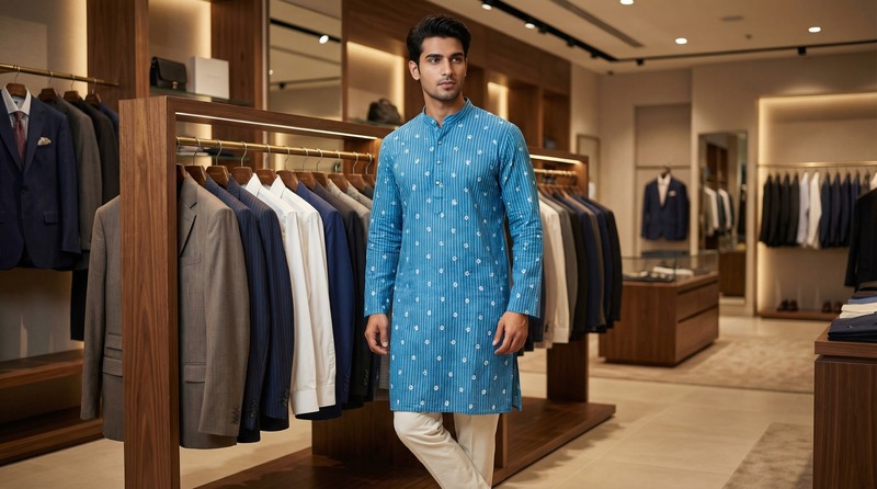 Kala Sanskruti All Over Sky Blue Color Cotton Bandhani Jents Kurta (XL) Elegant Traditional Cotton Satin Kurta For Jents