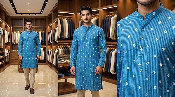 Kala Sanskruti All Over Sky Blue Color Cotton Bandhani Jents Kurta (XL) Elegant Traditional Cotton Satin Kurta For Jents