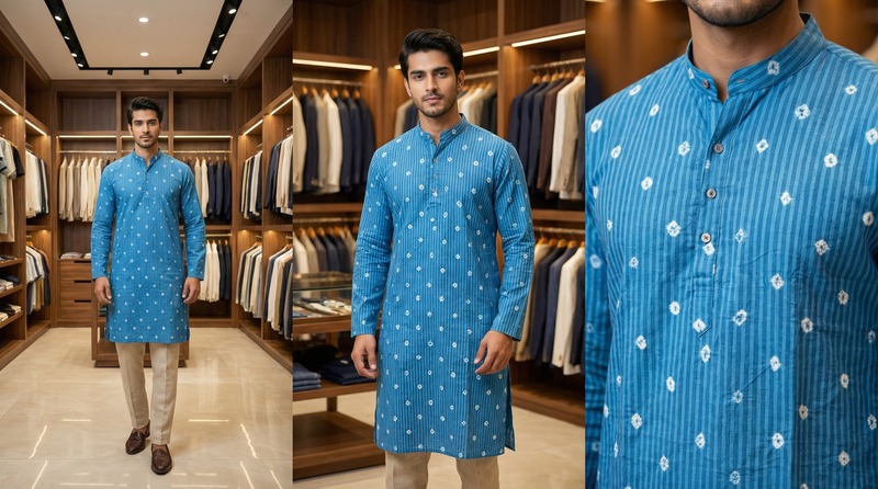 Kala Sanskruti All Over Sky Blue Color Cotton Bandhani Jents Kurta (XL) Elegant Traditional Cotton Satin Kurta For Jents