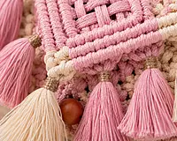Blush Pink & Ivory Macrame Clutch Bag with Multi-Tassel Fringe