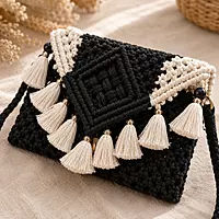 Black & Ivory Macrame Clutch with Gold Tassels & Diamond Weave Panel