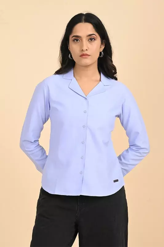 Women Notched Collar Shirt - Blue Chambrey
