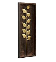 Rustic Dark Wood & Gold Leaf Shadow Box Wall Art - 20" x 8" Botanical Wall Decor