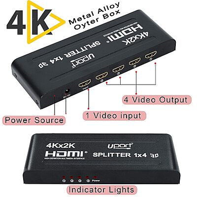 uPort 1x4 HDMI Splitter – 1 Input, 4 Output Ports | Supports 3D 4K x 2K @ 30Hz Full HD | Multi-Monitor Adapter for TVs | Black