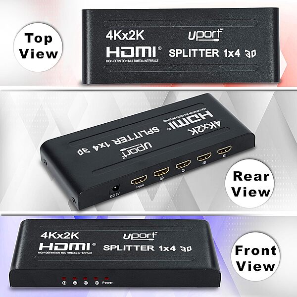 uPort 1x4 HDMI Splitter – 1 Input, 4 Output Ports | Supports 3D 4K x 2K @ 30Hz Full HD | Multi-Monitor Adapter for TVs | Black
