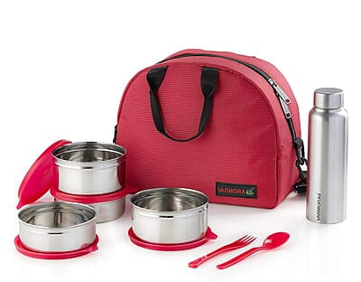 Varmora SS (Stainless Steel) Family Lunch Box (Tiffine) 390ml x2 SS Container,520ml x2 SS Container,Poto SS Matt 500ml x1