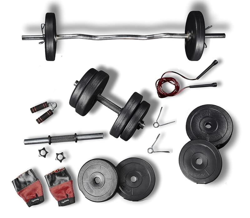 Lifelong PVC Home Gym Set 10Kg Plate 3Feet Curl Rod and Dumbbells Rods with Gym Accessories