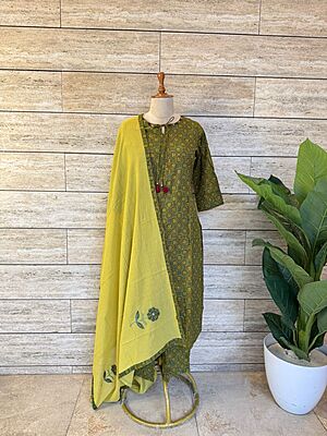 Pure Cotton Ajrakh Dupatta Set With Applique Work Dupatta