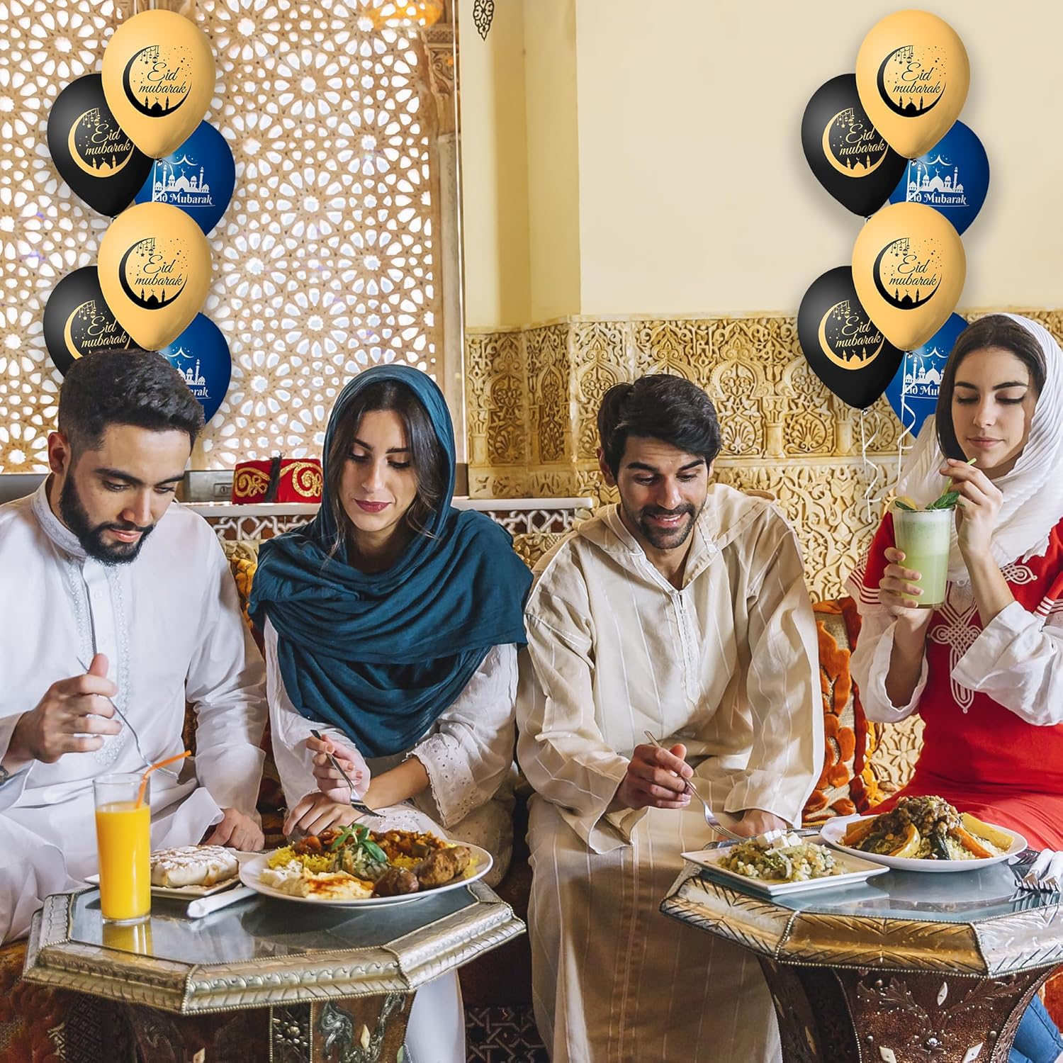 Pack of 15pcs Eid Mubarak Balloons for Ramadan Decorations – Black, Gold & Blue Latex Balloons for Eid Party & Home Decor