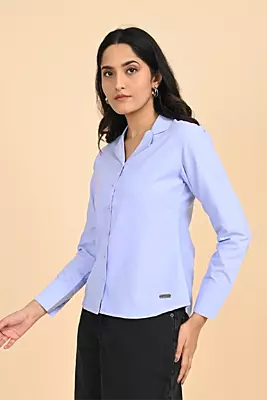 Women Notched Collar Shirt - Blue Chambrey