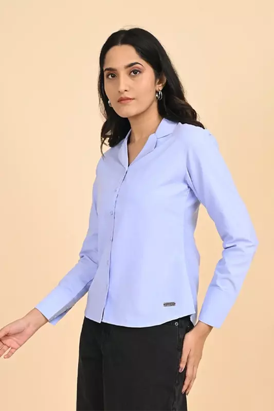 Women Notched Collar Shirt - Blue Chambrey