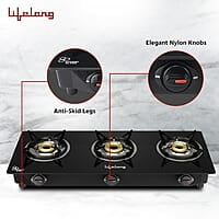 Lifelong 3 Burner Gas Stove Top for Kitchen - Automatic Ignition Cooktop Modern Glass Stove for Modular Kitchen, ISI Certified