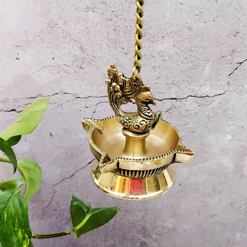 Brass Fine Bird Hanging Diya - 15.8 inch Height | Decorative Brass Diya with Bird Hanging Design