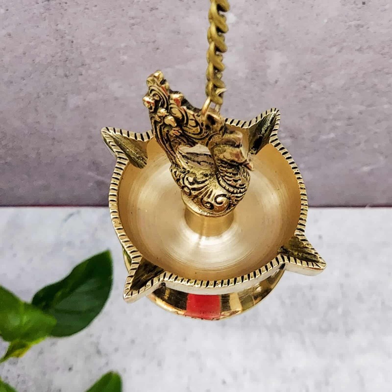 Brass Fine Bird Hanging Diya - 15.8 inch Height | Decorative Brass Diya with Bird Hanging Design