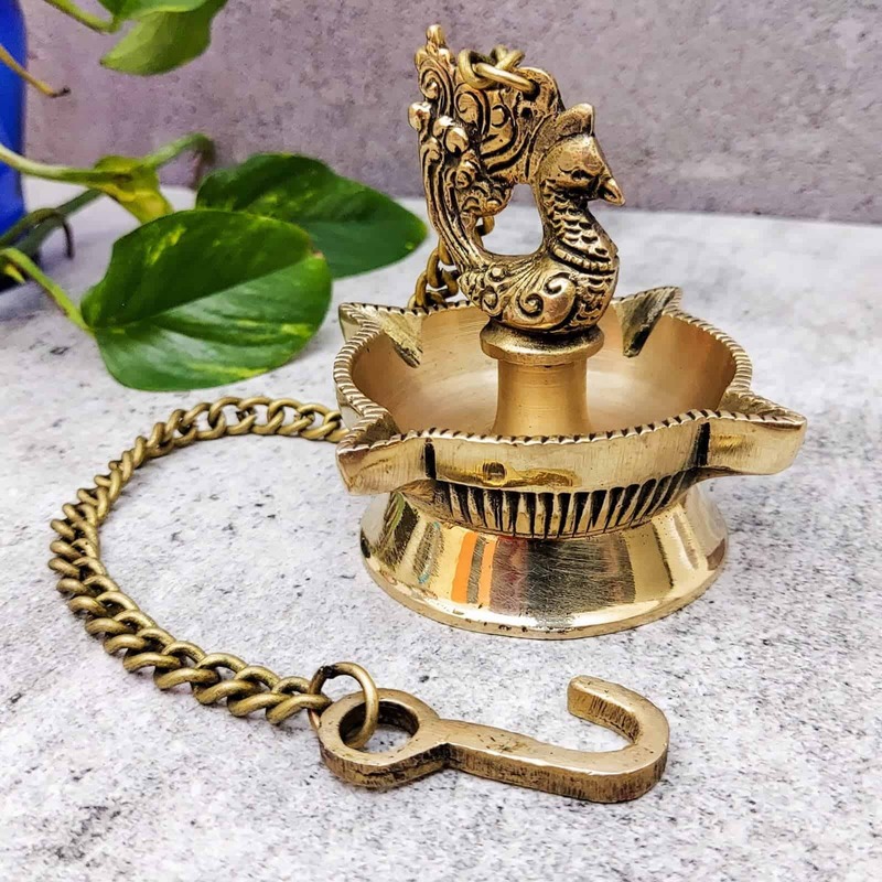 Brass Fine Bird Hanging Diya - 15.8 inch Height | Decorative Brass Diya with Bird Hanging Design