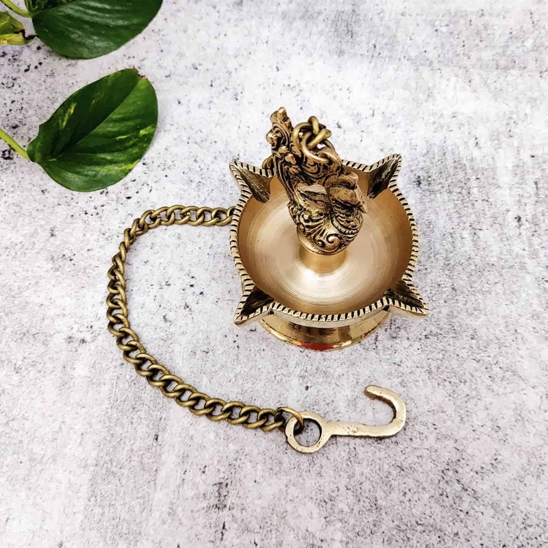Brass Fine Bird Hanging Diya - 15.8 inch Height | Decorative Brass Diya with Bird Hanging Design