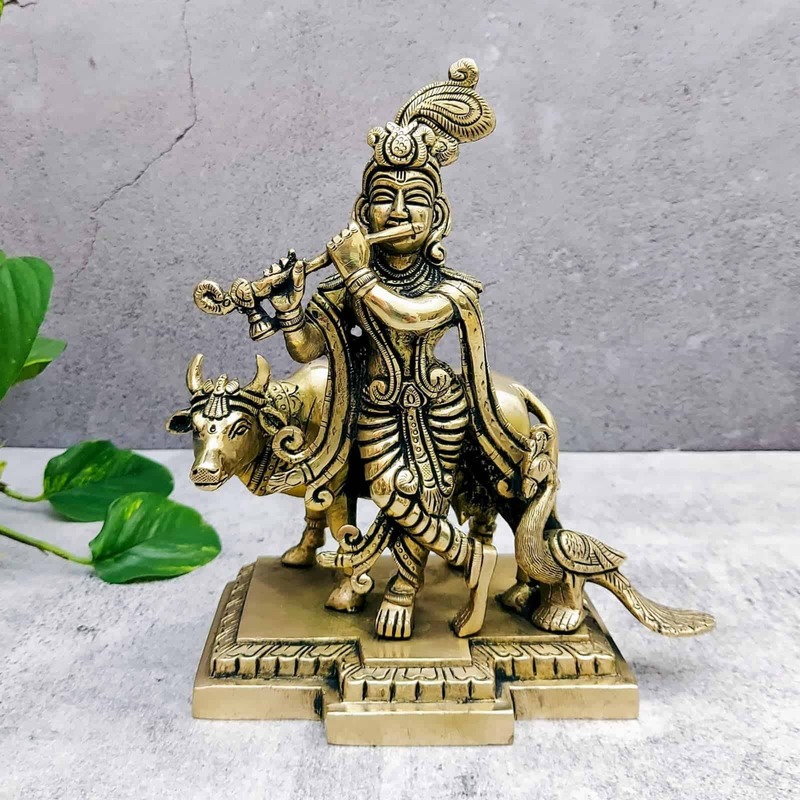 Brass Super Fine Cow Krishna - 8 inch Height | Sacred Brass Cow Krishna Sculpture