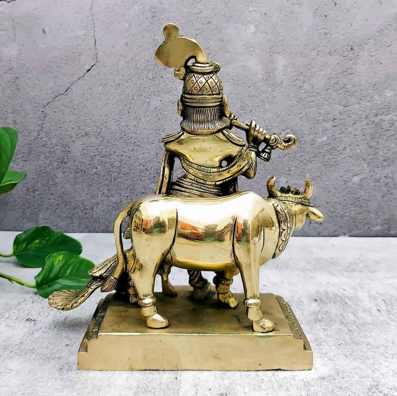 Brass Super Fine Cow Krishna - 8 inch Height | Sacred Brass Cow Krishna Sculpture