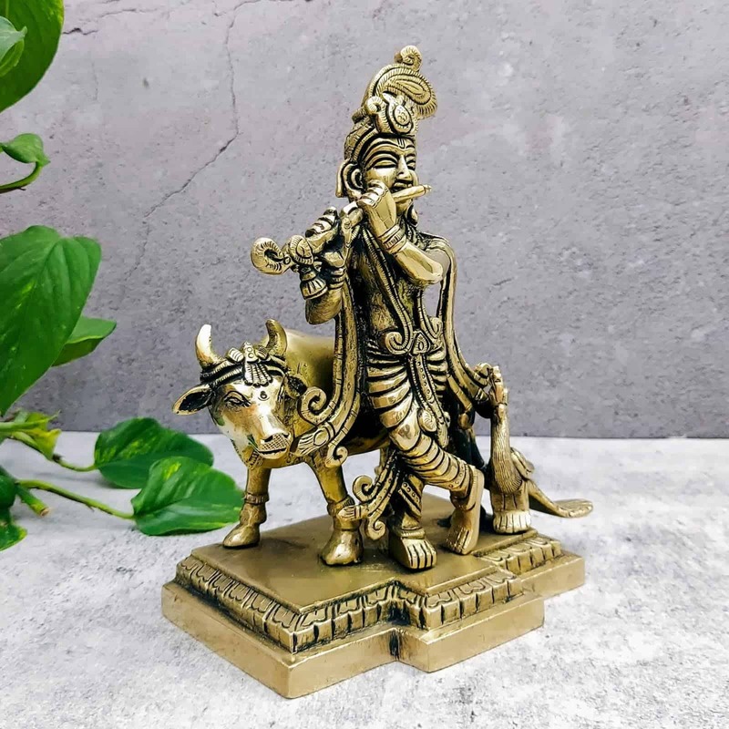Brass Super Fine Cow Krishna - 8 inch Height | Sacred Brass Cow Krishna Sculpture