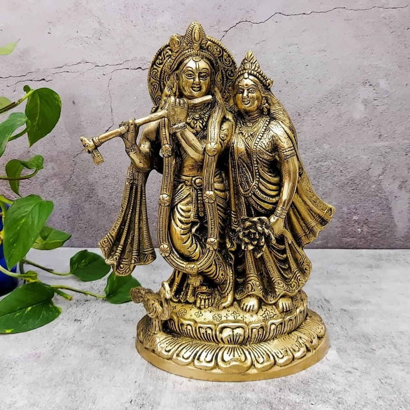 Brass Radha Krishna Idol - 12 inch Height | Divine Brass Radha Krishna Sculpture