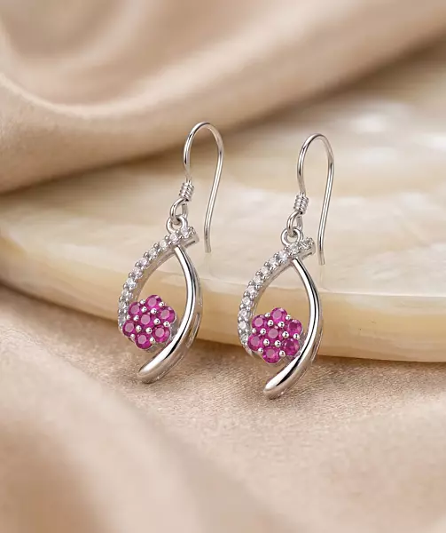 925 Silver Ruby Bloom Swirl Earrings