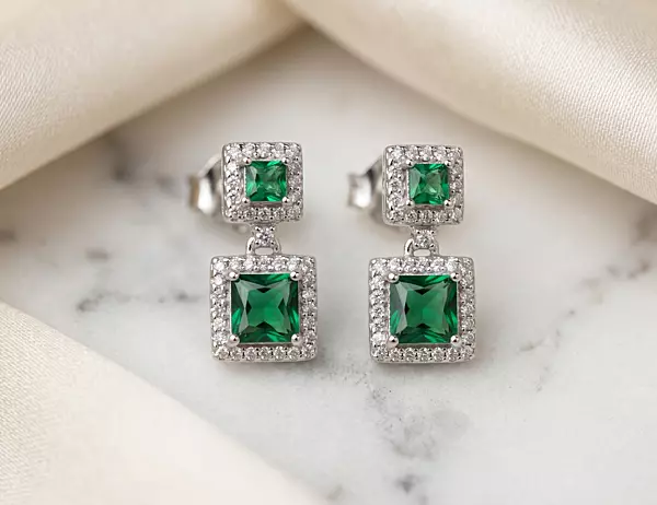 925 Silver Verdant Square Halo Earrings