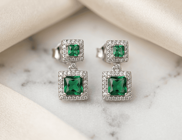 925 Silver Verdant Square Halo Earrings