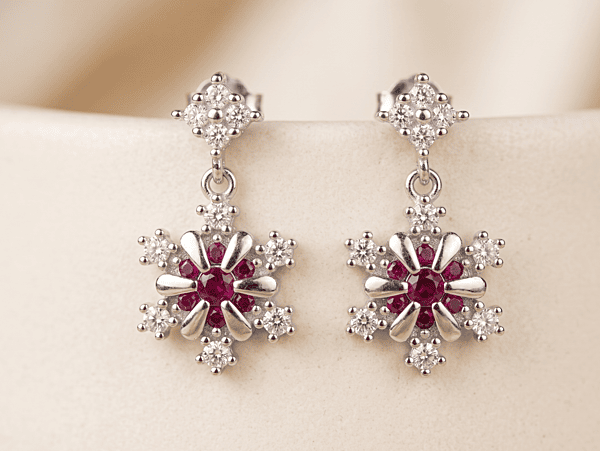 925 Silver Ruby Frost Snowflake Earrings
