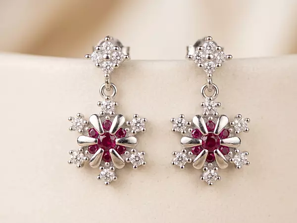 925 Silver Ruby Frost Snowflake Earrings
