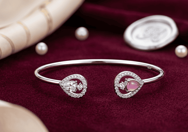 925 Silver Rose Teardrop Open Bangle