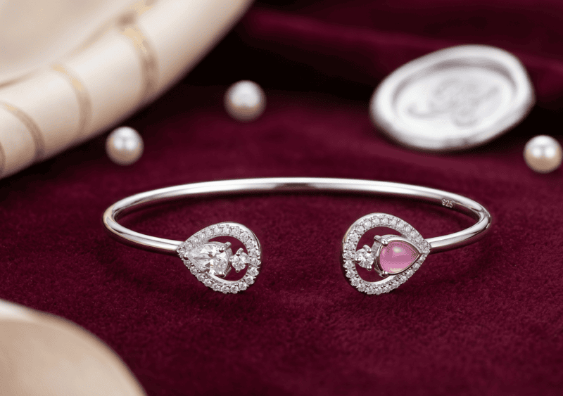 925 Silver Rose Teardrop Open Bangle