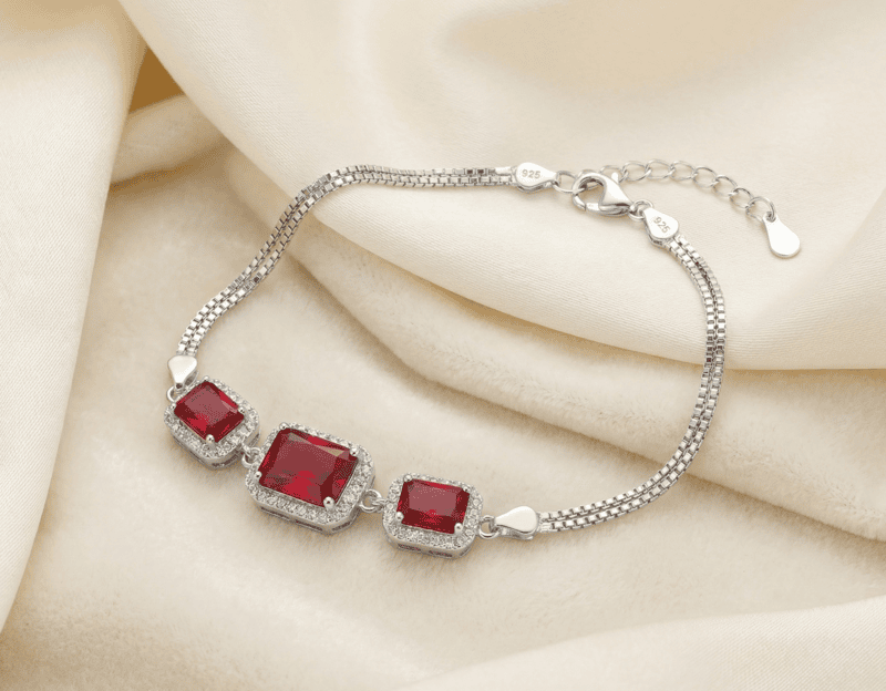 925 Silver Ruby Red Radiant Halo Bracelet For Her