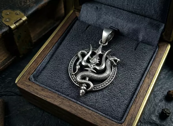 925 Silver Oxidized Divine Trishul & Vasuki Locket