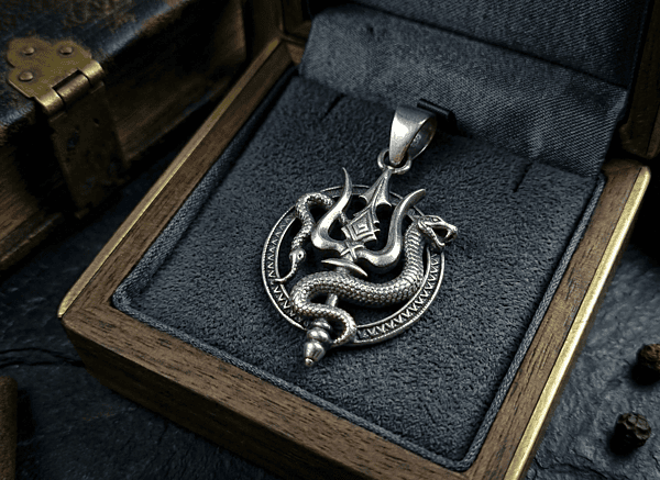 925 Silver Oxidized Divine Trishul & Vasuki Locket