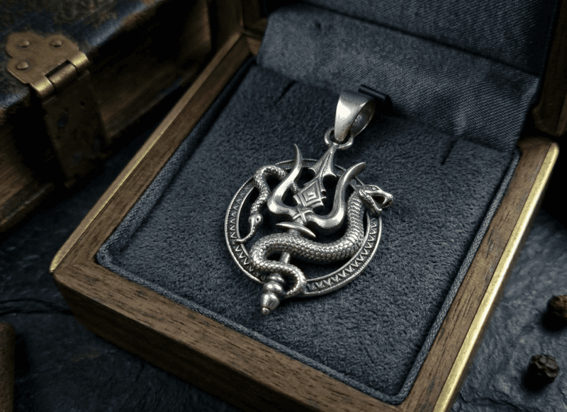 925 Silver Oxidized Divine Trishul & Vasuki Locket