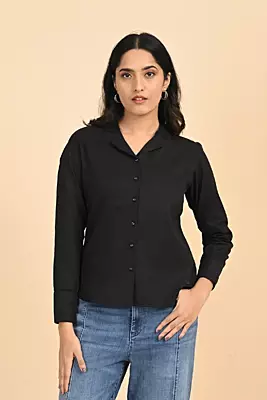 Women Notched Collar Shirt - Black
