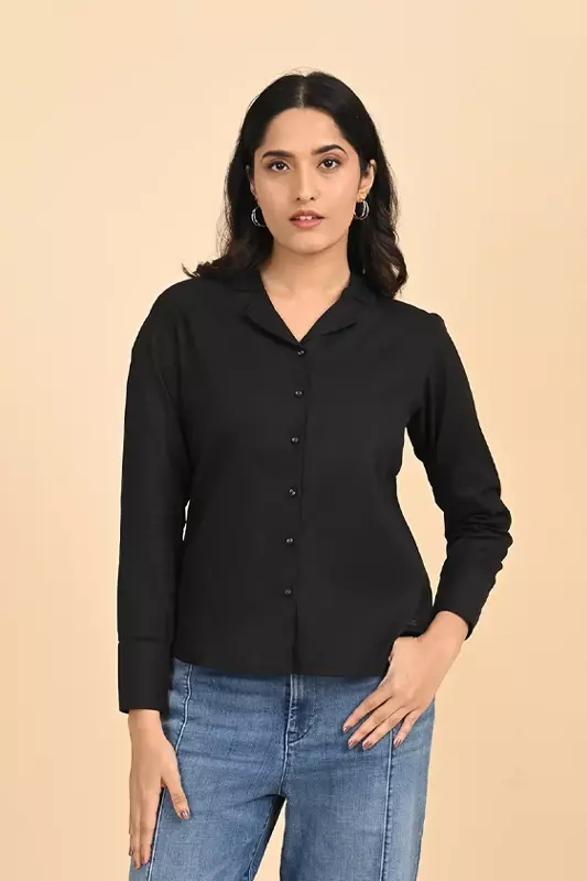 Women Notched Collar Shirt - Black