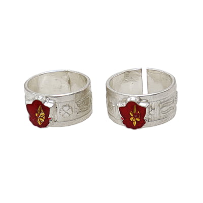 Silver Toe Ring, Metti with Red Enamel Flower Design