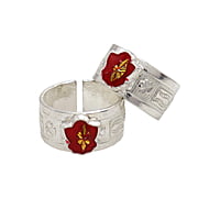 Silver Toe Ring, Metti with Red Enamel Flower Design