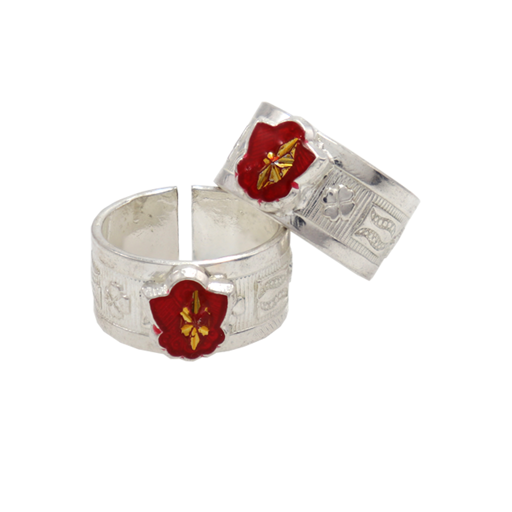 Silver Toe Ring, Metti with Red Enamel Flower Design