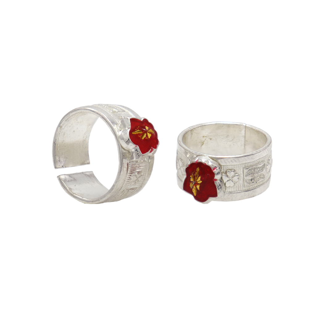 Silver Toe Ring, Metti with Red Enamel Flower Design