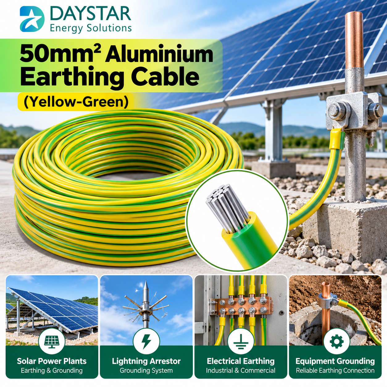 50mm² Aluminium Earthing Cable – (Yellow-Green) | Multistrand LA